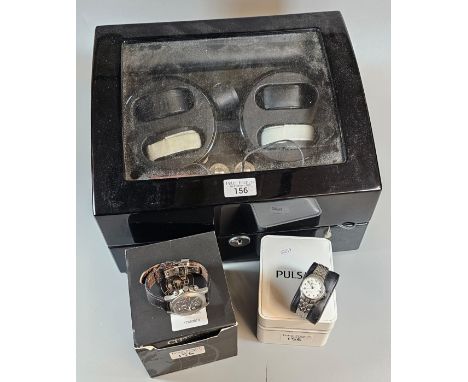 Citizen Eco-Drive watch box together with a Pulsar wristwatch and a Kalashnikov style chromograph wrist watch and a revolving