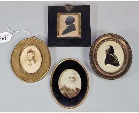 Group of assorted portrait miniatures and silhouettes to include: two silhouettes, a photographic portrait of a bearded gentl