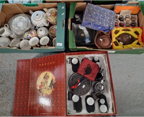 Two boxes of Oriental and Oriental style ceramics to include: tea cups and saucers, Yixing teapots and similar items, miniatu