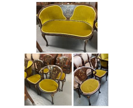 Edwardian mahogany inlaid parlour suite comprising: two seater sofa and an arrangement of chairs. (7)  (B.P. 21% + VAT)