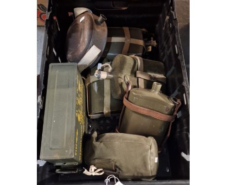 Box containing six Army style canteens and one small metal ammunition box for 7.62 NATO rounds. (B.P. 21% + VAT)
