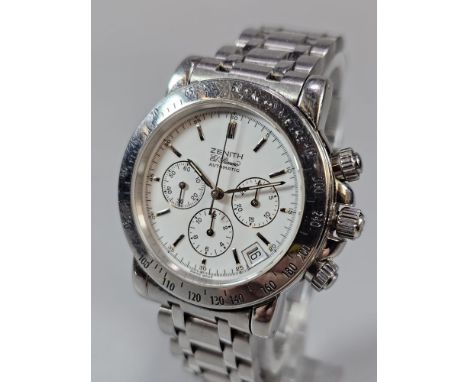 Zenith El Primero gentleman's steel chronograph wristwatch, having white face with baton numerals and centre sweep seconds ha