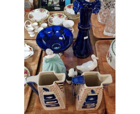 Tray of ceramic and glass to include: pair of 'Imari' design geometric conical single handled jugs, Coalport Ladies of Fashio