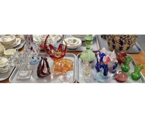 Two trays of assorted glassware to include: Murano cane paperweight, handkerchief vase, Murano style baskets and other vases,