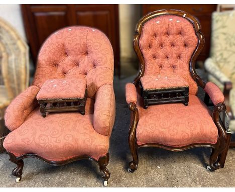 Victorian mahogany button backed show frame Gentleman's fireside chair, with serpentine seat on cabriole legs with ceramic ca
