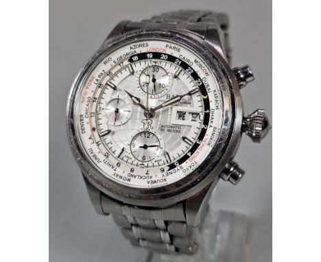 Ball Trainmaster World Time chronograph steel gentleman's' wristwatch, the face with centre sweep seconds hand, three subsidi