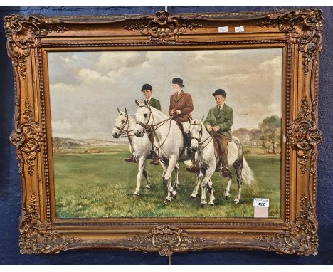 Margaret Knot (British 20th century), three greys out for a day's hunting, signed. Oils on canvas. 43x58cm approx. Framed. (B