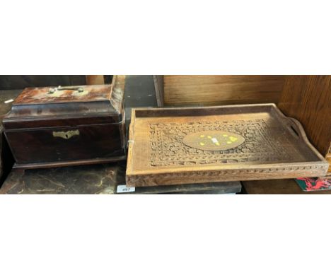Georgian mahogany sarcophagus shaped tea caddy now converted with dividers to the interior, together with 20th century carved