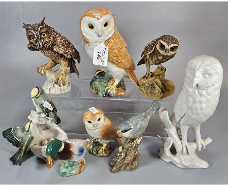 Collection of Beswick and other birds to include: 1046 and 2026 Owl, Goebel West German Owl x2, continental bird group etc. (