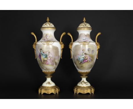 pair of antique Sèvres marked porcelain vase with paintings, signed Grisard, and with mountings in gilded bronze || Paar anti