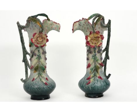 pair of 19th Cent. French ceramic "Barbotine" vases || Paar negentiende eeuwse Franse "Barbotine" - kruikvazen in faïence  - 