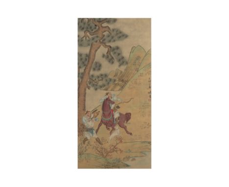 Chinese painting with hunting scene || Chinese schildering met landschap met jachtscène  -  85 x 41,5 