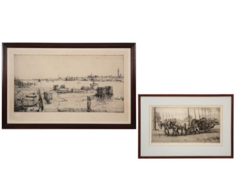 two etchings- signed R. Malfliet || MALFLIET ROMAIN (1910 - 2006) lot van twee etsen oa "De Rede van Antwerpen" (35 x 66) get