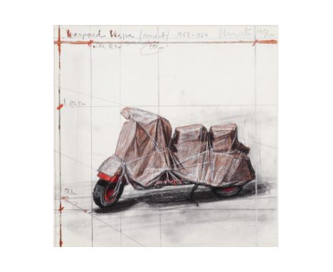 Christo signed hand colored digital print with collage : "Wrapped Vespa - Project (1963/64)" - published by Miyanamori Art Mu