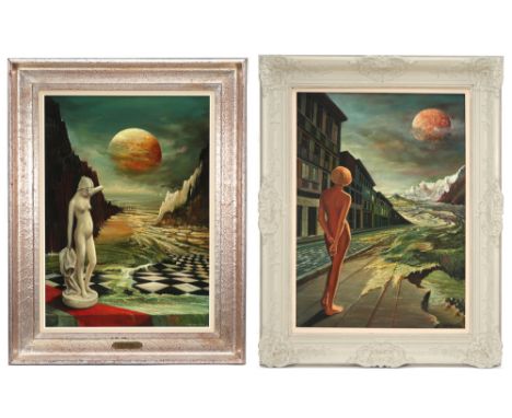 two 20th Cent. Belgian surrealist style oils on canvas - signed R. De Larivière || DE LARIVIERE R. lot van twee olieverfschil