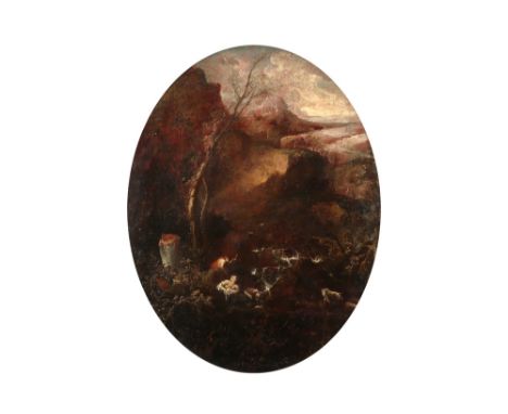 17th Cent. oil on canvas representing a landscape with mountains, presumably depicting the Cyllene mountain in Arcadia with M