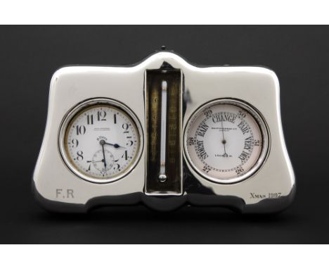 antique, 1907 dated deskset with clock, thermo- and barometer in Birmingham 1906 marked silver || Antieke, 1907 gedateerde ta