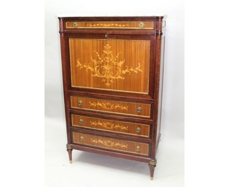 A LOUIS XVI STYLE BUREAU ABBATANT, marquetry inlaid mahogany with gilt metal mounts, marble top over frieze drawer, the fall 
