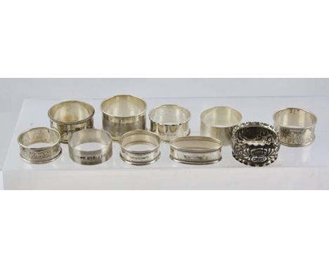 AN ASSORTMENT OF TEN SILVER NAPKIN RINGS various, engraved, engine turned, monogrammed etc., mixed makers, 168g 