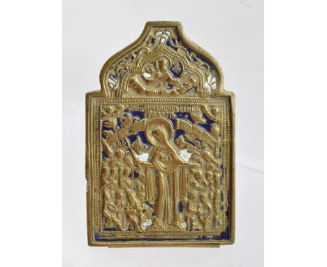 A RUSSIAN PORTABLE ICON in cast brass with enamel detail depicting Christ preaching, with brass stand, 12cm high 