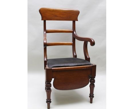 A LATE 19TH CENTURY MAHOGANY COMMODE ARMCHAIR, with bar back, horse hair upholstered lift-up seat pad, with lid and liner, su