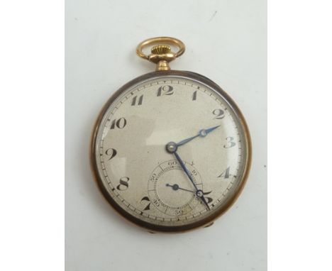 A 9CT GOLD OPEN FACE DRESS POCKET WATCH, having engine turned case, Swiss 17-jewel keyless lever mechanism with micrometer ad