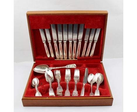 A COMPOSITE SUITE OF PRINCIPALLY VICTORIAN FIDDLE PATTERN SILVER FLATWARE AND CUTLERY comprising; two table spoons, 12 desser