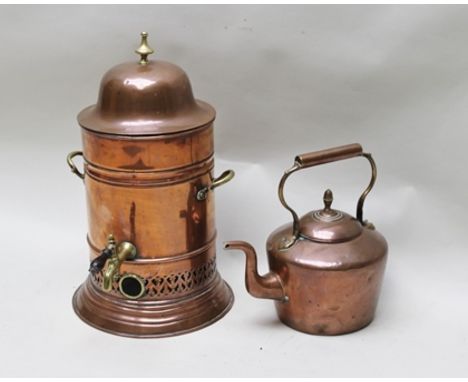 A COPPER URN with domed lid, fitted wooden handled tap and a LATE GEORGE III COPPER KETTLE, the cover with acorn finial 