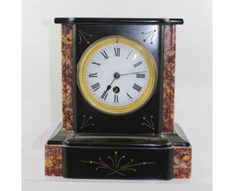 A VICTORIAN BLACK SLATE CASED TIME PIECE, the white enamel dial with Roman numerals, 22.5cm high 