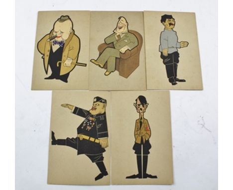 WORLD WAR II EPHEMERA - A SET OF CARTOON PORTRAIT POSTCARDS OF THE WAR TIME LEADERS, Churchill, Rooseveldt, Stalin, Mussolini