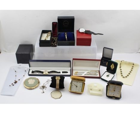 A SELECTION OF COSTUME JEWELLERY to include some marked M & S, two folding bedside alarm clocks, Timex watch, powder compact,