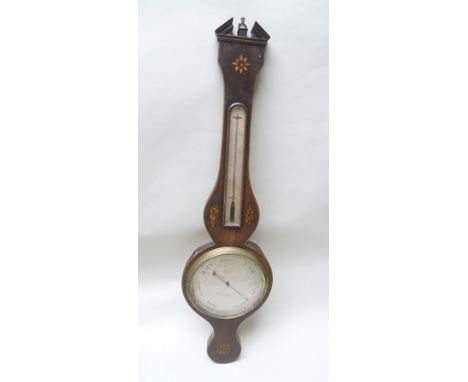 TARELLI OF NORTHAMPTON AN EARLY 19TH CENTURY WHEEL BAROMETER having inlaid mahogany case with broken swan neck pediment, cali