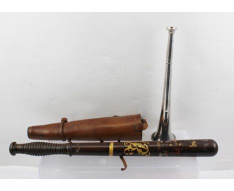 A CONTINENTAL PLATED HUNTING HORN 27cm long, in leather case, together with a VICTORIAN TRUNCHEON with remains of a crown cyp