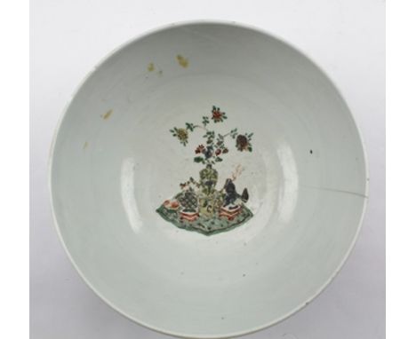 A CHINESE KANGXI STYLE PORCELAIN BOWL hand painted in the famille verte palette, decorated in the round with tables of venera