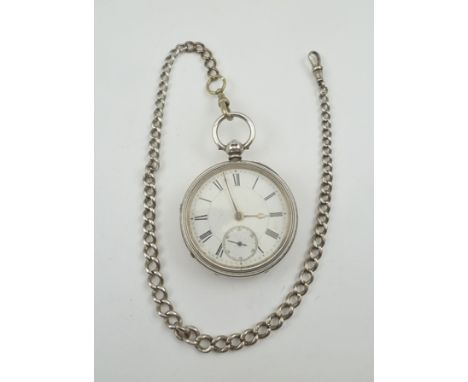 A VICTORIAN SILVER POCKET WATCH having a white enamel dial with Roman numerals, case London 1891, and an ALBERT CHAIN 