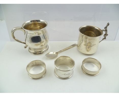 A SELECTION OF SILVER, comprising two Christening mugs, one baluster engraved "Ashley", the other "Colin", three assorted sil