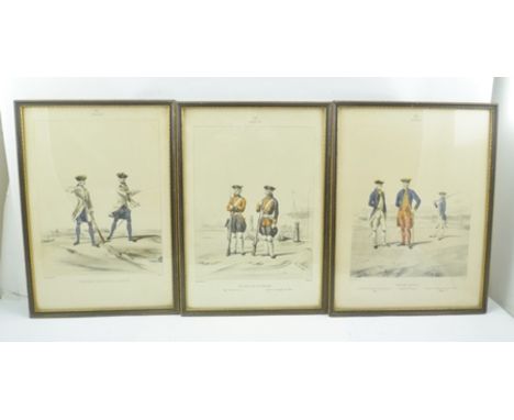 DAVID AFTER ALFRED DE MARBOT "Marine Royale", a hand coloured print, together with two others of 18th century French Marines,