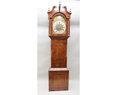 W HELLIWELL OF LEEDS A GEORGE III MAHOGANY AND OAK LONGCASE CLOCK, the hood with broken swan neck pediment, the door flanked 