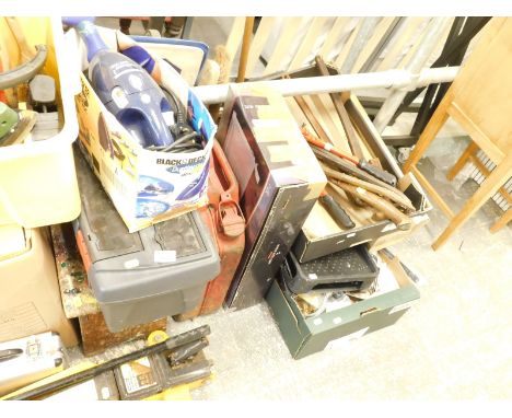 Black and Decker Dust Buster mini vac, various tools, tool chest, large fuel can, etc., hand tools. (a quantity)