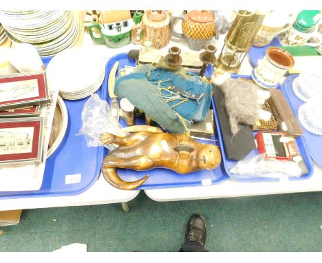 Miscellaneous ceramics, ornaments, etc, to include plated tray, carved wooden otter, plaque for Big Sky Carvers, Masters Edit