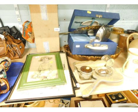 A collection of items, to include an Optimus paraffin lamp, early 20thC print of a lady, print of the Glory Hole Lincoln, aft