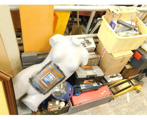 Art installation torso, quarter profile, various paints, varnish, spotlights, tool bits, Performance Power and other items, e