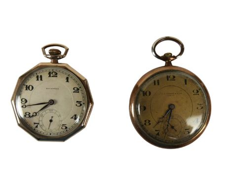 Two gold plated pocket watches, Tavannes and Tissot &amp; Fils, both top wind, 45mm cases, both running.