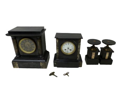 A Victorian slate marble garniture set and a slate mantle clock, largest clock 27 by 17 by 30cm high.