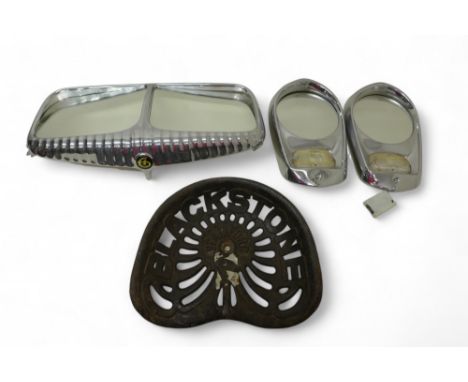 Automobilia interest a chrome Daimler grill, a pair of Ford Popular headlights and a cast iron Blackstone of Stamford tractor