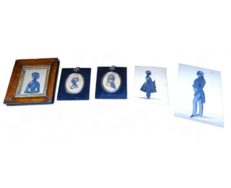 Five early to mid 19th century silhouette portraits, comprising three framed silhouettes, and two unframed, including a large