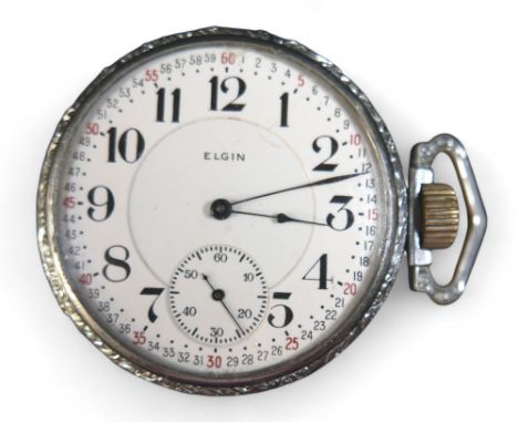 An Elgin pocket watch, 50mm case, side wind 15 jewel exposed movement, enamel dial with secondary dial, running.