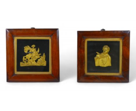 Two 19th century gilt metal portrait plaques, one of Byron, 24.5 by 24.2cm overall, the other of St George, 25 by 25cm overal