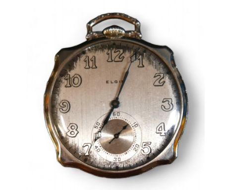 An Elgin cushion shaped pocket watch, 44.5cm case, top wind 17 jewel movement no 29913508, running.