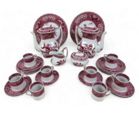 A Spode pink camilla coffee set, with tea and coffee pots, milk and sugar and eight coffee cans and saucers.